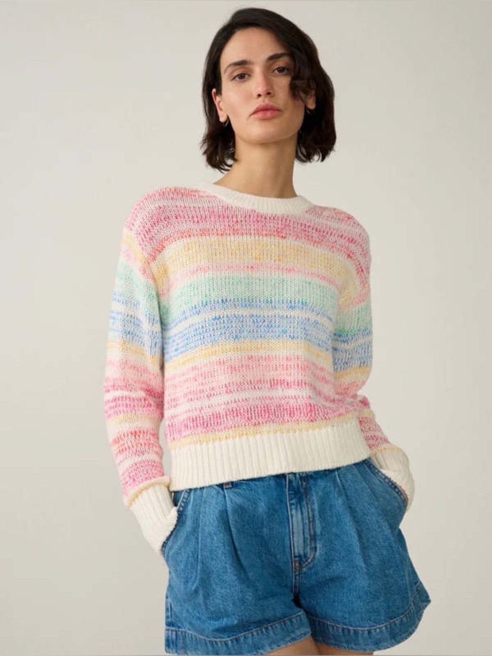 White + Warren Lofty Cotton Mark Stripe Sweater Rainbow Combo Rib Trim